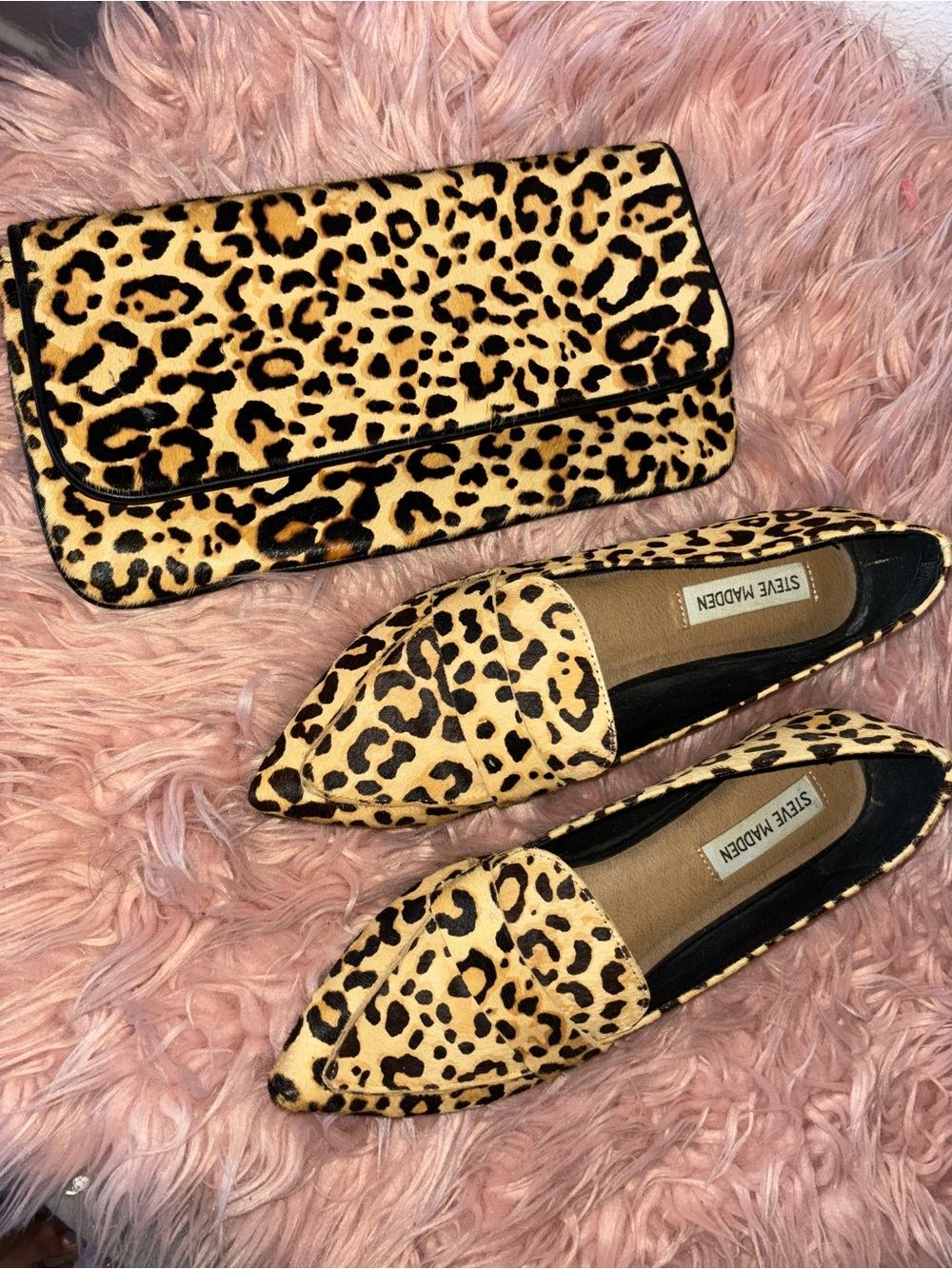 Steve Madden Leopard-Print Cowhair Flats with Matching Clutch